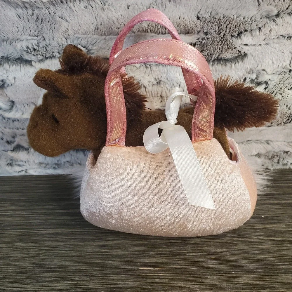 Aurora Plush Brown Horse W/ Pink Sequins Carrying Purse Pouch - Picture 2 of 8